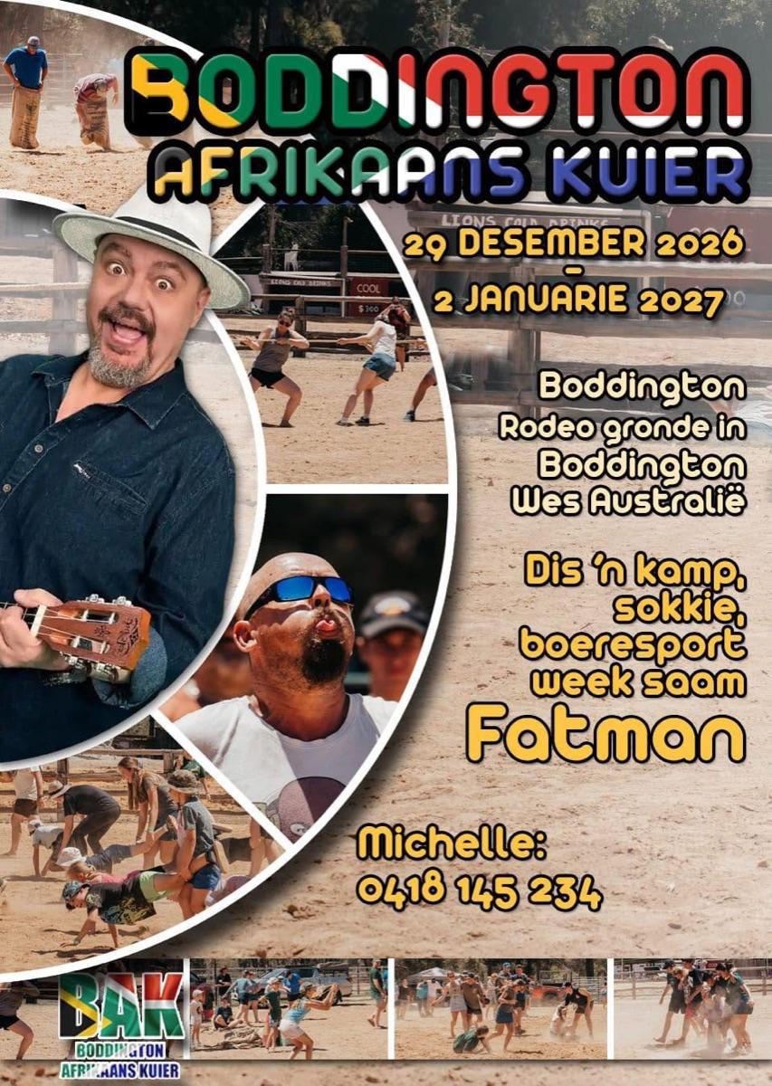 Boddington Afrikaans Kuier 2026/27 amptelike plakkaat met Fatman